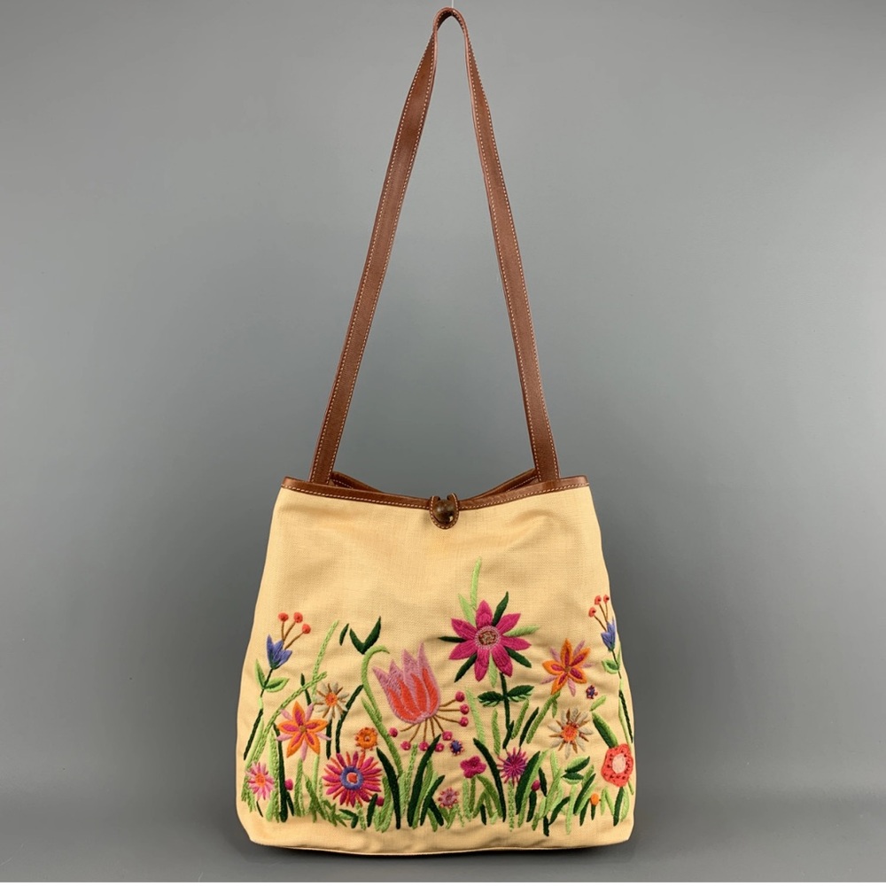 Vintage Y2K archive Moschino floral embroidered canvas leather trim tote bag
